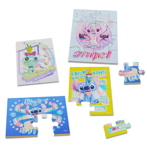 Stitch Wooden Jigsaw Puzzle 5 Pack - Stitch and Angel Wood Puzzles Bundle with Holding Tray, Tattoos, Activity Book, More | Disney Toys for Kids