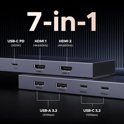 UGREEN USB C Docking Station Dual Monitor, 7-in-1 Aluminum Dock with 2xHDMI | Dual 4K@60Hz, 4x10Gbps USB-A&C Data Ports, 100W PD, Revodok Pro Laptop Docking Station for HP, Thinkpad, Dell and More Laptop