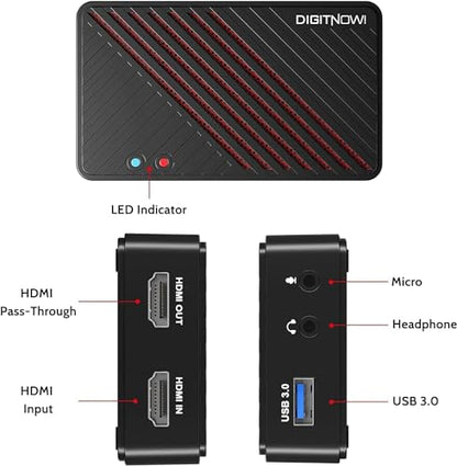 4K Video Capture Card, HDMI to USB3.0 Live Gamer Capture Card Full HD 1080P 60fps, Ultra-Low Latency for Streaming and Recording, Work with Nintendo Switch, PS5, PS4, Xbox One, PC