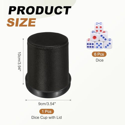 uxcell Felt Lined Professional Dice Cup, PU Leather Quiet Shaker Cups with Lid Includes 6 Dot Dice for Bar Gatherings Party Board Games, Black