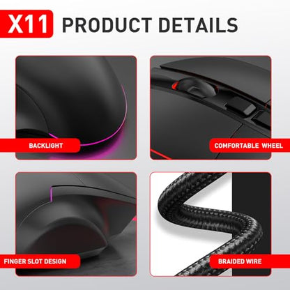 Tangxi Wired Gaming Mouse, Ergonomic Optical Mouse with 1200-7200 Adjustable DPI, 7 Macro Programmable Buttons, 4 Backlit Lights, 125-1000HZ Polling Rate, for Laptop PC