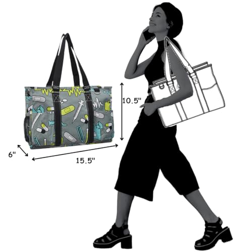 NGIL Utility Water Resistant Tote Bag | Work Tote for Women, Nurse Bag, Teacher's Choice Purse, Gym Bag, Everyday Organizer Top Zipper Closure - color: Nurse Theme -Black