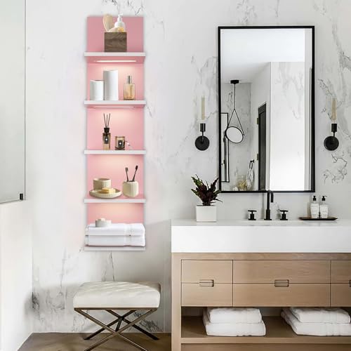5 Tier Pink Wall Shelf Unit | Wall Shelves for Bathroom, Bedroom, Vanity, Wall Mount Vertical Lack Shelf, With LED - color: Pink