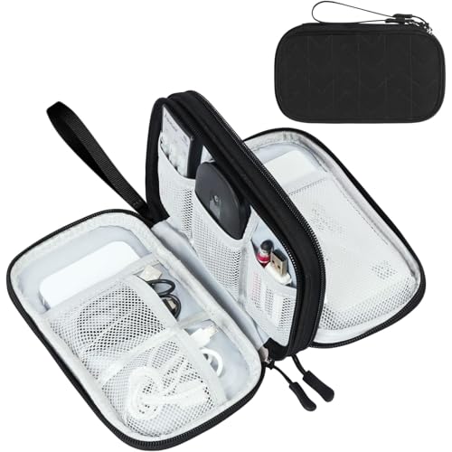 FYY Electronic Organizer, Travel Tech Pouch, Cable Organizer Black Quilted | Wrist Strap, Waterproof, Double Layers Portable Electronics Travel Carrying Case for Cord, Charger, Daily Business Trips Use - color: Black Quilted, size: Small