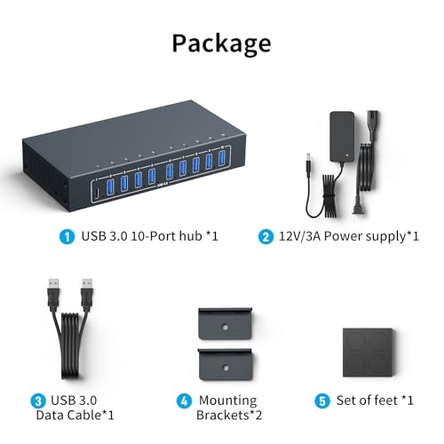 10 Port Powered USB 3.0 Hub, Industrial Rack Mountable USB Data Hub with 12V/3A Adapter 105W Output ESD Protection, Rugged Metal Case USB Expander Splitter - size: 10 Ports