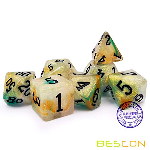 Bescon Magical Stone Dice Set Series, 7pcs Polyhedral RPG Dice Set Gold Ore, Black Tinbox Packing - color: Gold Ore in Tinbox