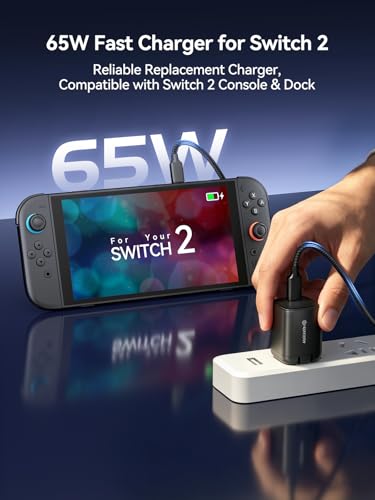 NEWDERY for Nintendo Switch 2 Charger 65W AC Power Adapter Foldable Plug | 5FT PD 3.0 Fast Charging,Replacement for OEM Switch 2, for Steam Deck Charger,4K TV Dock Supported