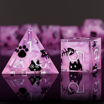 Haxtec Cat DND Dice Set Purple Sharp Edge Resin Dice Set with Dice Case, Handmade D and D Dice Polyhedral D&D Dice Set for TTRPGs Compatible with Dungeons and Dragons DND Gifts - color: Purple Black