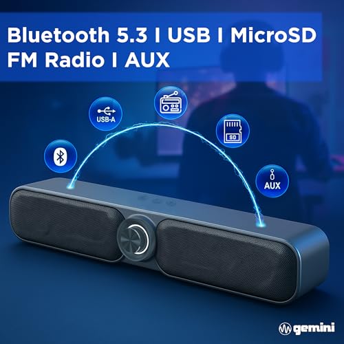 Gemini Portable Bluetooth Soundbar for TV, Desk & Gaming (GSBR-20) | 16" portable soundbar for TV, desk & gaming - USB-C or battery - dual 2" drivers - FM, 5-in-1 media