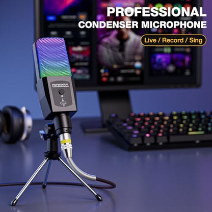 Multifunction Condenser Microphone, RGB Light Gaming Mic, 3.5mm XLR, Plug and Play for PC/Laptop/Audio Interface Mixer/Sound Card, Cardioid Studio Condenser Recording Mic for Podcast Streaming Singing
