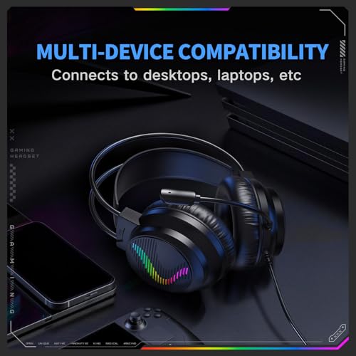 J11 Gaming Headset with Microphone, Noise Cancelling Gaming Headphones Compatible with PS4 PS5 Xbox One PC Laptop, Over-Ear Headset with LED RGB Light, 7.1 Stereo Surround Sound (Black) - color: Black