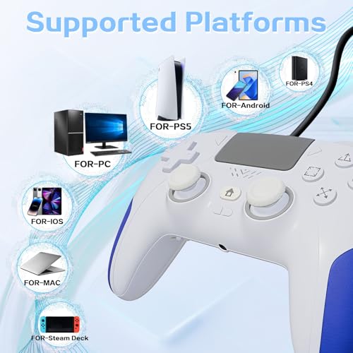 Kamylorus Wired Controller for PS-5/PC, RGB Gaming Controller with Programmable/Remap/Turbo/LED Light Functions, 3.5MM Headphone Jack, Dual Vibration - color: white