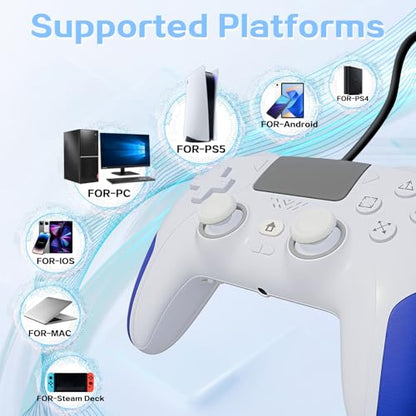 Kamylorus Wired Controller for PS-5/PC, RGB Gaming Controller with Programmable/Remap/Turbo/LED Light Functions, 3.5MM Headphone Jack, Dual Vibration - color: white