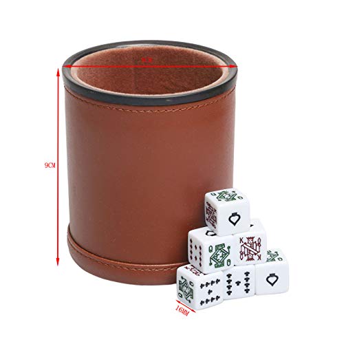 Leatherette Dice Cup with Poker Dice, Felt Lining Quiet Shaker for Playing Yahtzee/Farkle/Liars Dice, - color: Brown With Poker Dice