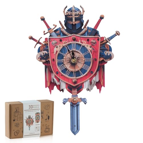 3D Wooden Puzzles for Adults, Knight Clock with Pendulum Model Kit, 3D Puzzles for Adults Room Home Decor DIY Wall Clock Kit, Holiday Birthday Christmas Day for Men Women Teens - color: Knight