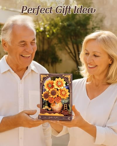 3D Wooden Puzzles for Adults - Van Gogh Golden Sunflower DIY Model Building Kits with LED Light - Gifts for Mothers Day - Home Decor, Wall Art & Unique Creative Gifts for Art Lovers/Men/Women - style: Golden Sunflower