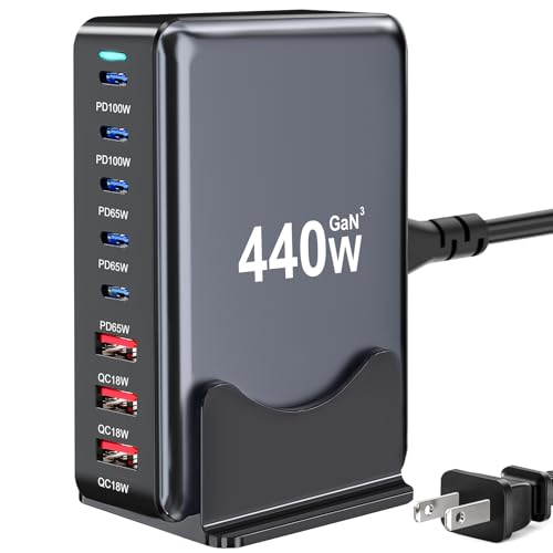 440W USB C Charger Block, Multi-port Fast USB Charging Station Dual PD 100W GaN Ⅲ Charging Station For Multiple Devices, Laptop Charger Adapter Compatible with MacBook, DELL, iPad, iPhone, Samsung etc - color: Black-440W