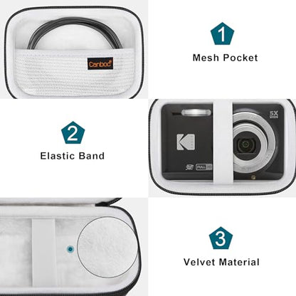Canboc Hard Case for Kodak PIXPRO Friendly Zoom FZ55 / FZ45 / FZ53 16MP Digital Camera, Mesh Pocket fits SD Card, USB Charging Adapter, USB Cable, Black - color: Black