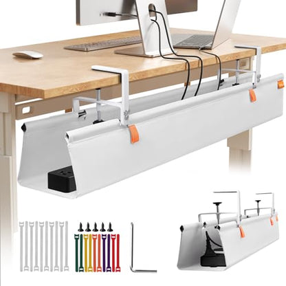 Under Desk Cable Management Tray No Drill,48Inch Cable Management,White | Clamp and Screw Mount Cable Management Tray, Extra Large Capacity Desk Cable Management, Fabric Wire Management for Office - color: White, size: 48"L x 5.5"W