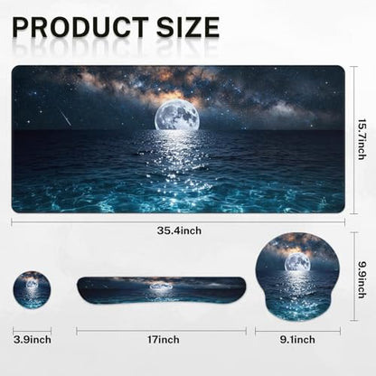 Arttown Keyboard Mouse Pad Set, 4 in 1 Desk Mat Set Seascape Moonlight | Wave Night Romantic Large Mousepad+Keyboard Wrist Rest+Mouse Wrist Rest+Coaster Ergonomic Design for Home Office Computer - color: Moonlight Night
