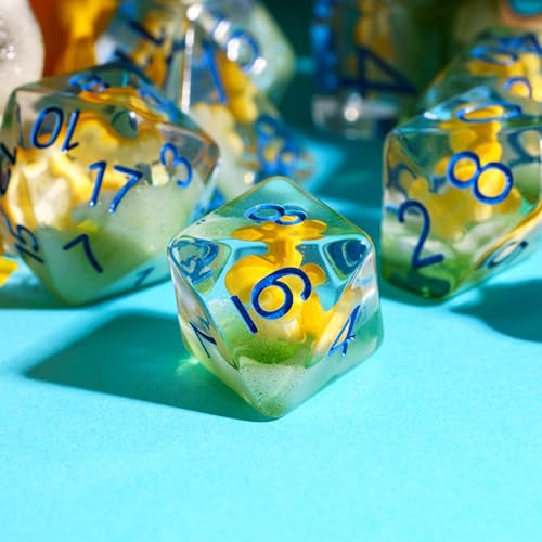 UDIXI Yellow Mushroom Dice Set, Polyhedral Dice Set D&D for Tabletop Games | Velvet Storage Bag, DM Gift, for Dungeons and Dragons Role Playing Games Board Games - color: Mushroom Yellow/Blue Font