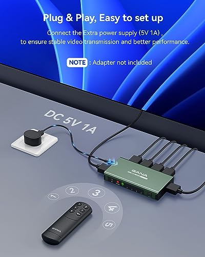 HDMI Switch 5 in 1 Out 4K@60Hz, GANA HDMI Splitter Switcher with Remote, Aluminum HDMI 2.0 Switch Box Hub for 3D, HDCP2.2, HDR, Compatible with Xbox, PS5/4/3,Fire Stick,Roku,Blu-Ray Player, Green - color: Green