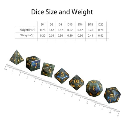 LUCKY-M Labradorite Gemstone DND Dice Set, 7 PCS Dungeons and Dragons Dice with Case for RPG, Unique Stone Dice Set D&D D4 D6 D8 D10 D00 D12 D20(LD-Gold) - color: Ld-gold