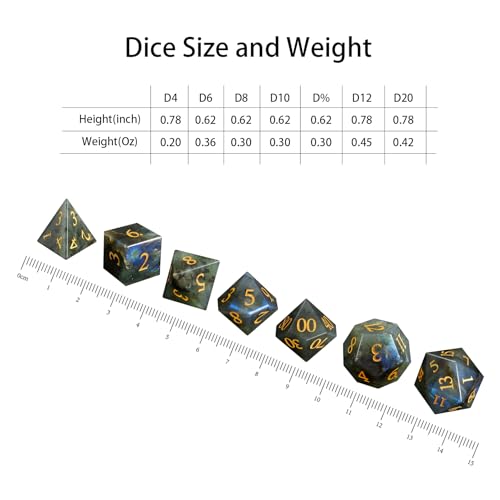 LUCKY-M Labradorite Gemstone DND Dice Set, 7 PCS Dungeons and Dragons Dice with Case for RPG, Unique Stone Dice Set D&D D4 D6 D8 D10 D00 D12 D20(LD-Gold) - color: Ld-gold