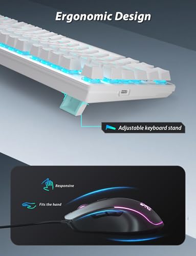 Mechanical Gaming Keyboard and Mouse, 98 Keys LED Backlit Keyboard with Floating Keycap, Ergonomic RGB Gaming Mouse with Mouse Pad Combo, Full Anti-Ghost Wired Keyboard for PC Laptop Gamer, White - color: White-