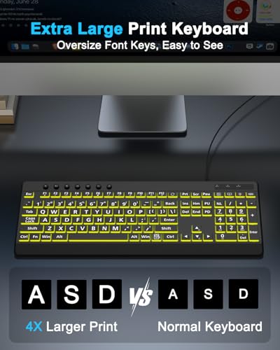 EDJO Large Print Backlit Wired Keyboard,7-Colors Backlight | Full Size ,Oversize Letters Light Up Keys,Compatible for Windows, Laptop, PC