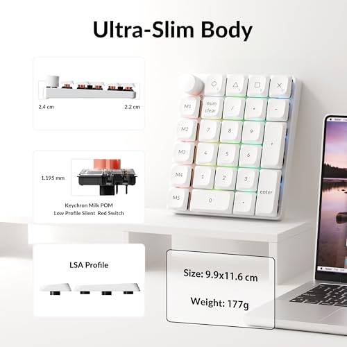Keychron K0 Max QMK Wireless Custom Number Low-Profile RGB Backlit (Hot-Swappable) Silent Red Switch Keypad, 2.4 GHz & Bluetooth 5.3 Connection, 1000Hz Polling Rate - White - color: Silent Red Switch, size: White