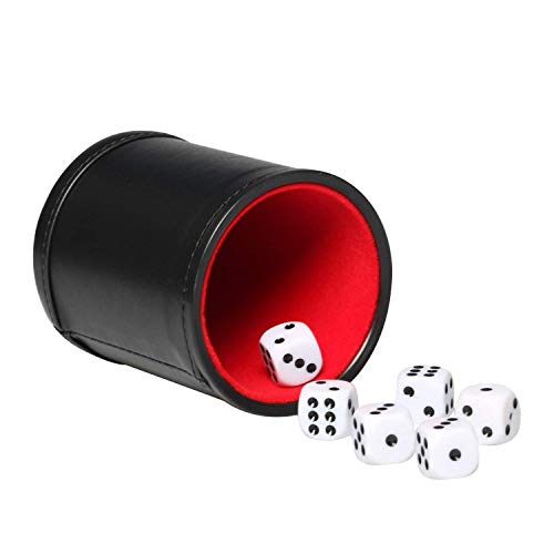 PU Leather Dice Cup Set, Felt Linning Dice Shaker for Yahtzee/Farkle/Bar Party Dice Games, Includes 16mm Dot Dices - color: Black With Red Interior