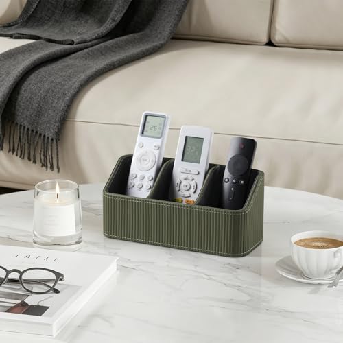 No Drill PU Leather Wall Remote Holder, 3 Compartments Storage Caddy for TV AC Remotes, Pens, Eyeglasses, Home Bedroom Bathroom Office (Stylish Green Fine Ribbed) - color: Stylish Green Fine Ribbed