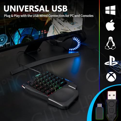 CHONCHOW One Handed Gaming Keyboard, 35 Keys, Rainbow LED, Wired USB, Ergonomic with Wrist Rest, Mini Portable, PS4/PS5/Xbox/PC/Laptop Compatible
