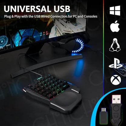 CHONCHOW One Handed Gaming Keyboard, 35 Keys, Rainbow LED, Wired USB, Ergonomic with Wrist Rest, Mini Portable, PS4/PS5/Xbox/PC/Laptop Compatible