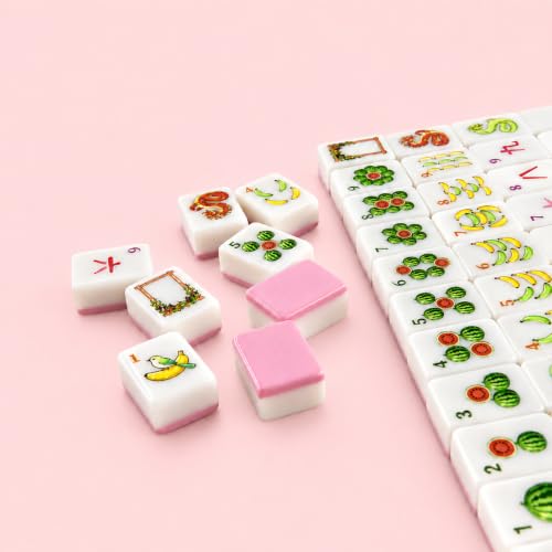 Pink American Mahjong Set, 160 Pink-Back Mah Jongg Tiles, Compact 1.2 x 0.8 x 0.5 in Mahjong Tile Set with Fruit & Floral Designs, Dice, Scoring Chips, Dealer Marker, Rule Cards & Floral Storage Bag