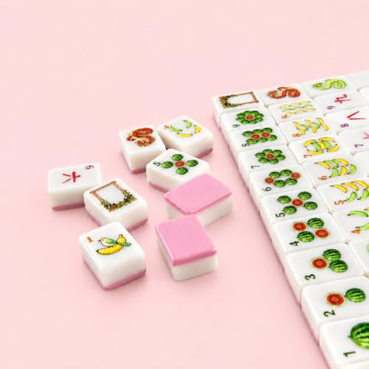 Pink American Mahjong Set, 160 Pink-Back Mah Jongg Tiles, Compact 1.2 x 0.8 x 0.5 in Mahjong Tile Set with Fruit & Floral Designs, Dice, Scoring Chips, Dealer Marker, Rule Cards & Floral Storage Bag