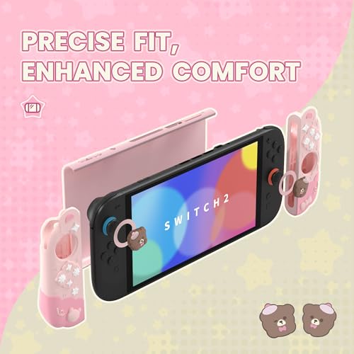PlayVital Good Night Bear Dockable Case for Nintendo Switch 2 with Stand | Split Design Silicone Joycon Grips, PC Console Hard Shell, 2 Joystick Caps | Cute Protective Cover Bundle – Pink - color: Pink