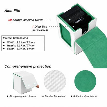 MTG Deck Box with Commander Display Window (White&Green, 1 window) | Holds 120 Single/100 Double-Sleeved Cards, Fit MTG/PTCG/OPTCG Cards, Strong Magnet, PU Leather, With 2 Dividers & 1 Toploader - color: White and Green