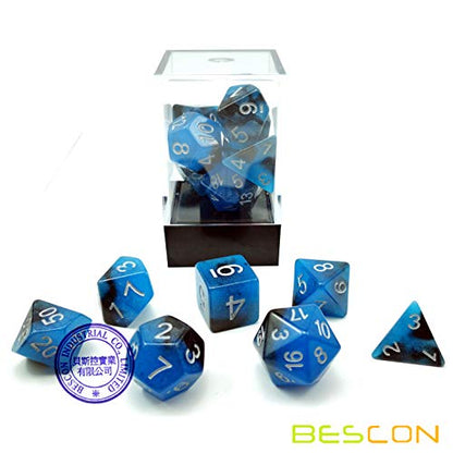 Bescon Two-Tone Glow-in-The-Dark Polyhedral Dice Set Blue Dawn, Luminous RPG Dice Set d4 d6 d8 d10 d12 d20 d% Brick Box Pack - color: Blue Dawn