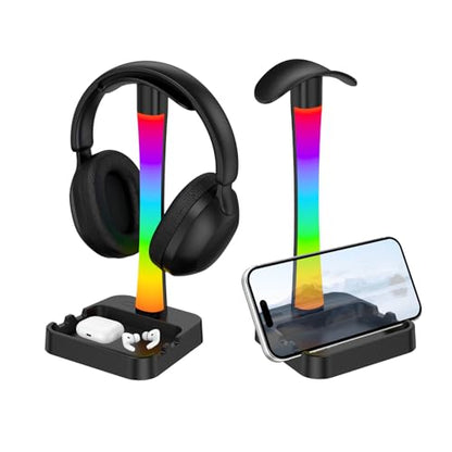 Headphone Stand with Charger,Gaming Headset stand with RGB Light Mode,For Airpod Max Stand,Desk Lamp,Phone Holder,Tablet Holder,desktop organizer,Gifts for Gamers & Music Lover(Black) - color: Black