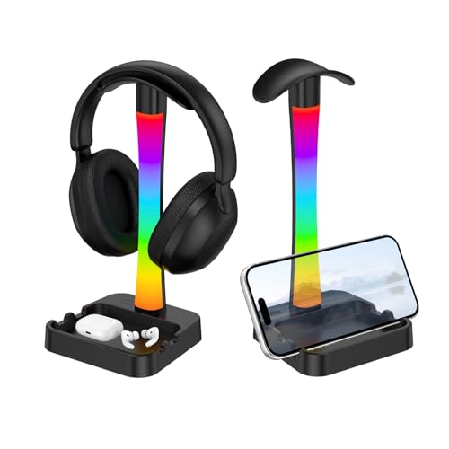 Headphone Stand with Charger,Gaming Headset stand with RGB Light Mode,For Airpod Max Stand,Desk Lamp,Phone Holder,Tablet Holder,desktop organizer,Gifts for Gamers & Music Lover(Black) - color: Black