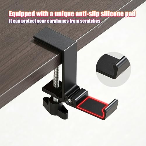 Foldable Under Desk Headphone Hanger, Aluminum Clamp-On Headset Stand, No Drill Anti-Scratch Mount, Heavy Duty 10KG Load Bearing Universal for Gaming Headset, Controller, Cable & Bag Organizer(Black) - color: Black