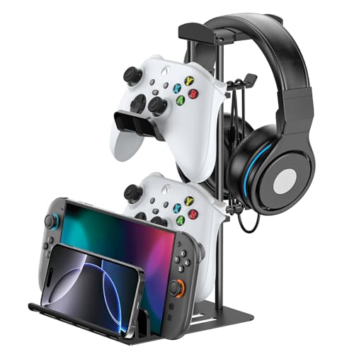 KDD Headphone Stand, Controller Holder & Headset Holder for Desk, Earphone Stand with Aluminum Supporting Bar, Universal Storage Organizer Headphones/Controller/Switch/Mobile Phone - color: Black-New