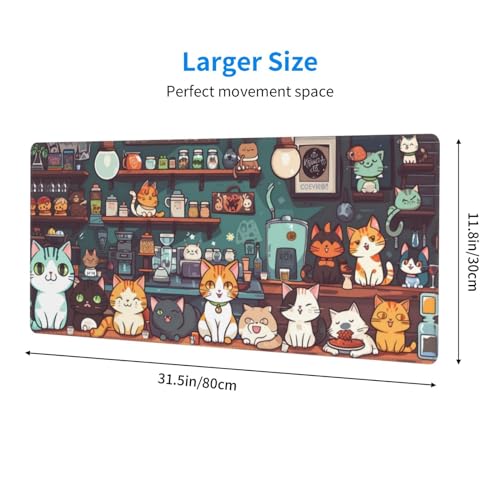 Gaming Mouse Pad Desk Pad,Extended Big Mouse Pad,31.5x11.8 Inch Long Computer Keyboard Mouse Mat Mousepad with 3mm Non-Slip Base and Stitched Edge for Gaming and Office… (cat) - color: Cat
