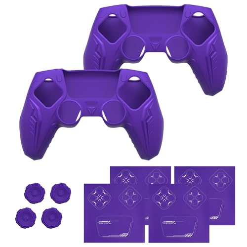 PlayVital 2 Pack Silicone Skin Set for PS5 Controller - Charging Dock Compatible, Full Protection Case with Futuristic CyberMech Design, Soft Cover with Thumb Grips & Stickers - Purple - color: 2 Purple