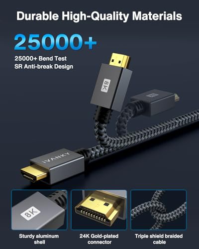 IVANKY 10K 8K HDMI 2.1 Cable 4ft, Ultra High Speed HDMI Cable 48Gbps | [8K@60Hz, 4K@120Hz, HDCP 2.3, HDR10, eARC], Braided HDMI Cord Compatible with TV/Laptop/Monitor/PS5/Xbox/Projector, 4FT - size: 4 feet