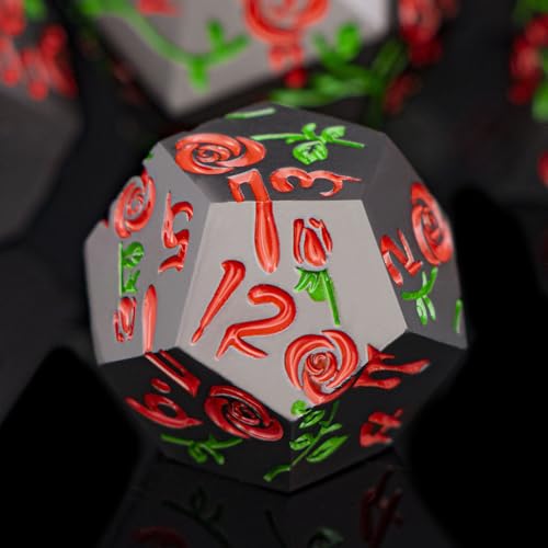 Gothic DND Dice Set Bleeding Rose Metal D and D Dice for use with Dungeons Dragons D&D Role Playing Game, Red RPG Blood Polyhedral Dice Set D20 D12 D10 D8 D6 D4 - color: Red&black&red Numbers