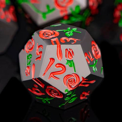 Gothic DND Dice Set Bleeding Rose Metal D and D Dice for use with Dungeons Dragons D&D Role Playing Game, Red RPG Blood Polyhedral Dice Set D20 D12 D10 D8 D6 D4 - color: Red&black&red Numbers