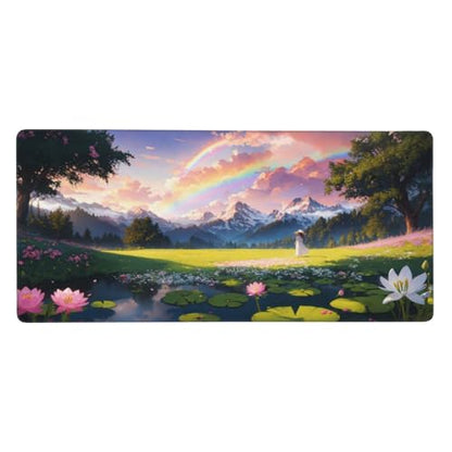 XXL Gaming Mouse Pad 35.4x15.7 inch, Beautiful Lotus Rainbow Landscape Theme Desk Mat, Mountain Flower Elegant Girly Scene Large Mousepad,Fantasy Artistic Keyboard Mouse Mat (Lotus Rainbow) - color: Lotus Rainbow